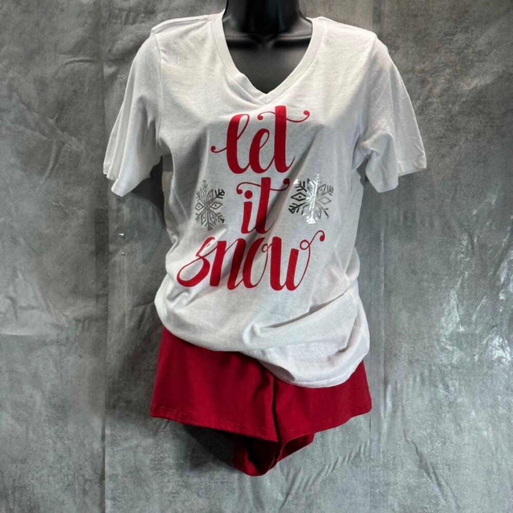 COZY ROZY Women's White/Red Let It Snow 2-Piece Short Holiday Pajamas SZ M